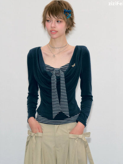 Striped Tie Knit Top Long Sleeve【s0000017880】
