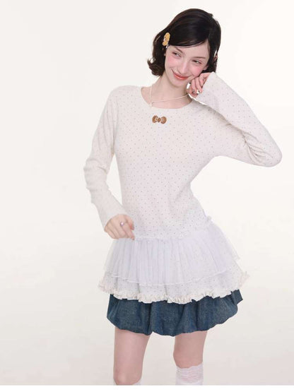 Lace Pleated Polka Dot Top【s0000015429】