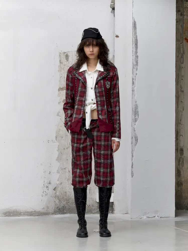 College Punk Badge Plaid Blazer【s0000014204】