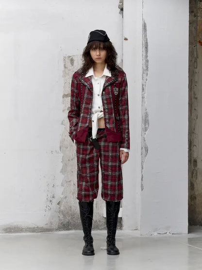 College Punk Badge Plaid Blazer【s0000014204】