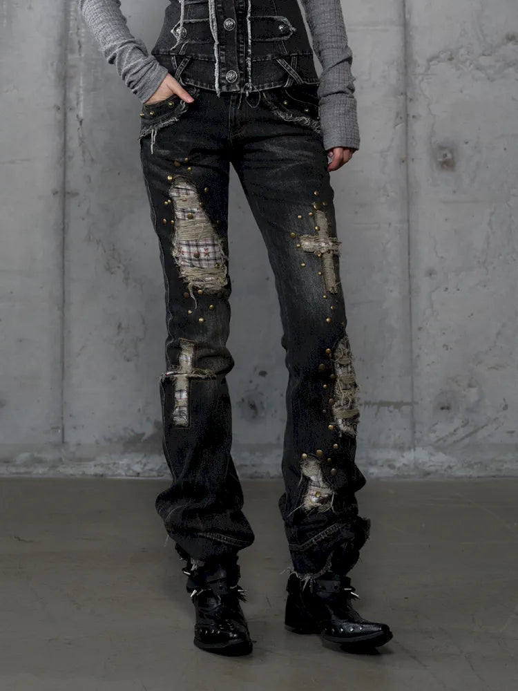 Distressed Straight-Leg Slim-Fit Jeans【s0000013946】