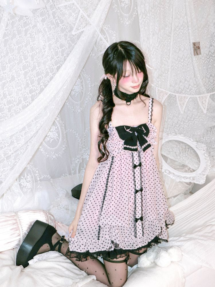 Polka dot strapless dress/chiffon bow jacket【s0000012689】