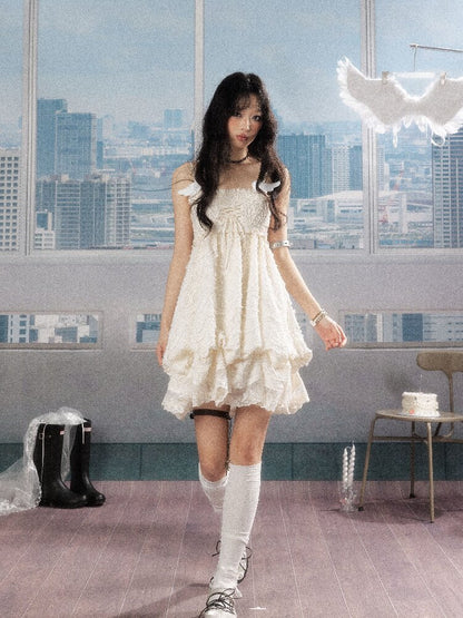 Shirred Lace White Texture Dress【s0000016278】