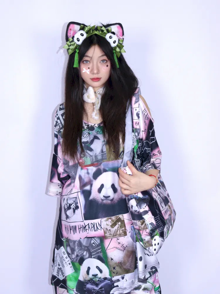 Panda Patchwork Print Off-Shoulder T-Shirt【s0000013979】