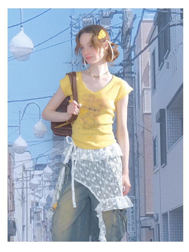 Rabbit Printing V-Neck Short Sleeve T-shirt【s0000012236】