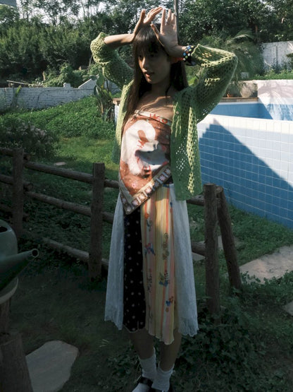 Patchwork lace print polka dot pleated skirt【s0000012769】