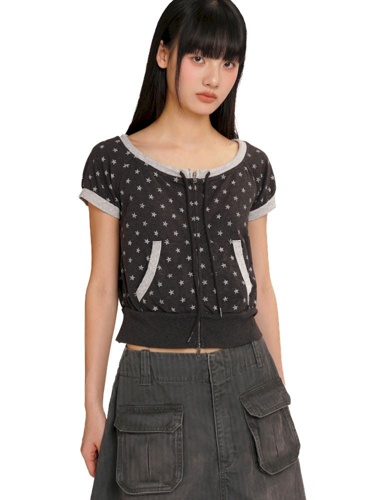 Double zipper one shoulder short sleeve t-shirt【s0000013430】