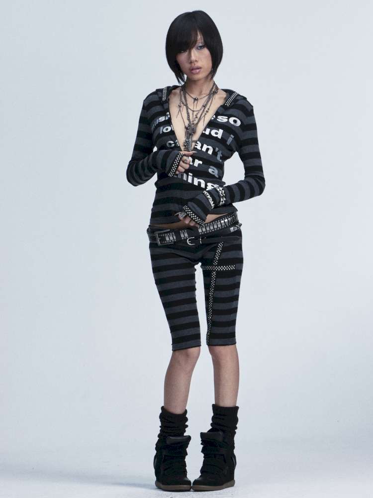 Black Gray Striped Stud Top Set【s0000014667】