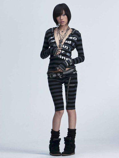 Black Gray Striped Stud Top Set【s0000014667】