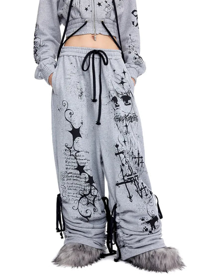 Doodle Print Puffy Drawstring Sweatpants【s0000014092】
