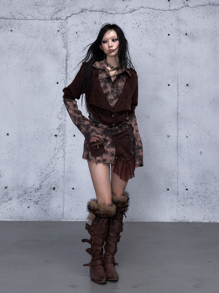 Check Knit Fake Two Piece Shirt【s0000015547】