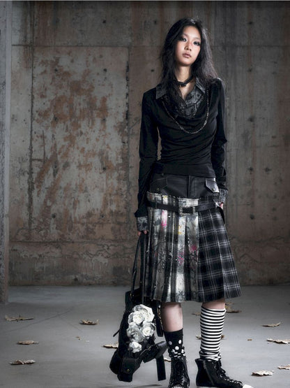 Plaid Tie-Dye Black Swing Neck Long Sleeve Blouse【s0000013887】