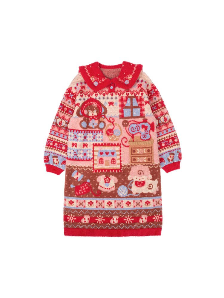 Red Sewing Bear Mink Fleece Sweater【s0000015583】