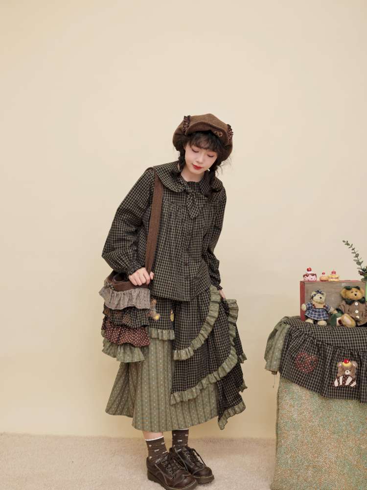 Vintage Girl Dark Green Plaid Cake Skirt【s0000014844】