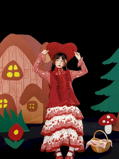 Multi-Layer Printed Red Checkered Cake Skirt【s0000013937】