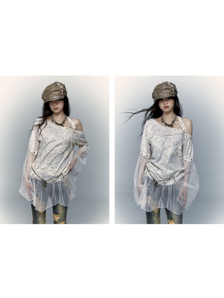 Spliced Mesh Removable Sleeve Strapless T-Shirt【s0000008399】