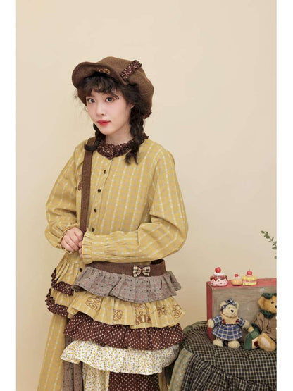Vintage Girly Lace Bear Turmeric Shirt【s0000014839】