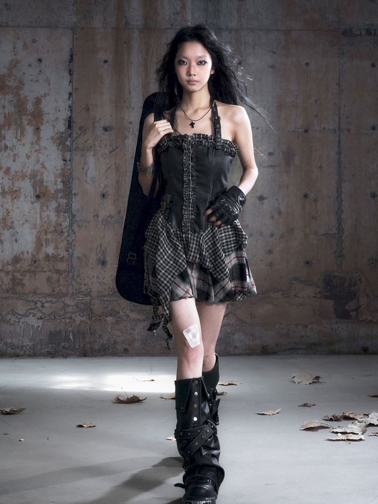 Patchwork Lattice Waisted Dress【s0000013889】