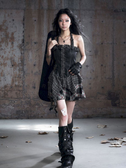 Patchwork Lattice Waisted Dress【s0000013889】