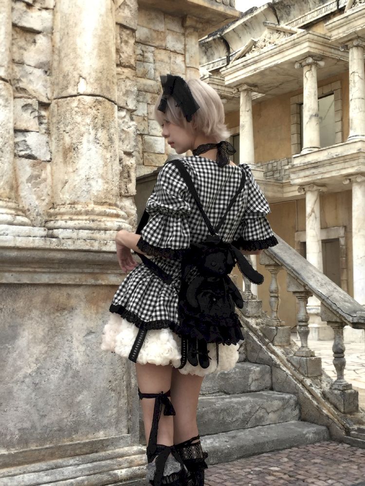 Plaid Lace Tie Bubble Sleeve Rose Set【s0000012437】