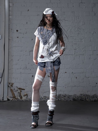 Faux two-piece distressed short-sleeved T-shirt【s0000012790】