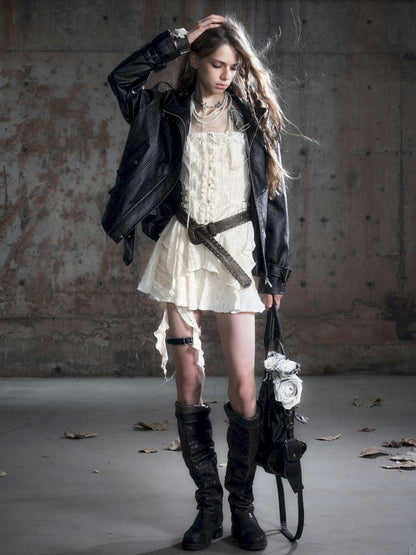 Loose black myriad leather jacket【s0000013885】
