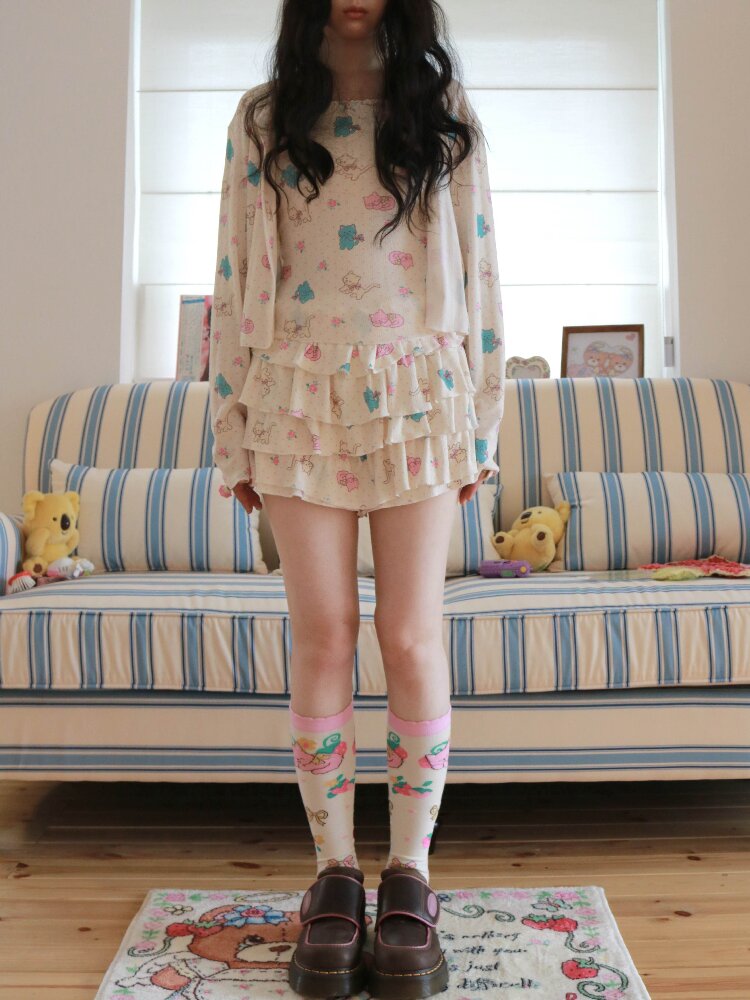 Cat Rose Print Cardigan Camisole Set【s0000017509】