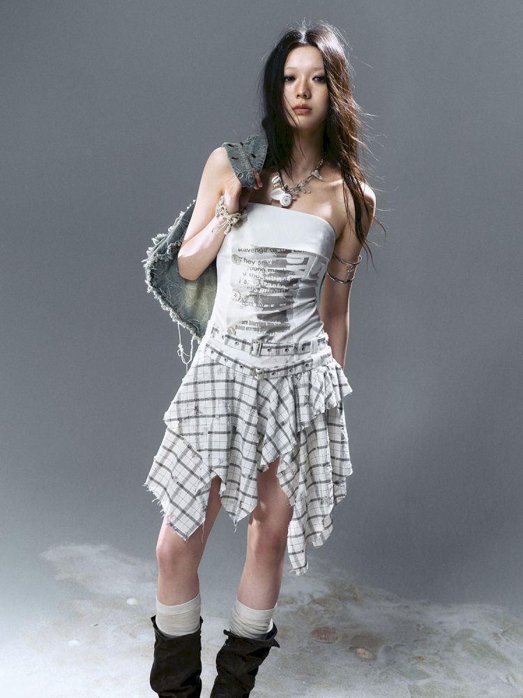 Asymmetrical patchwork plaid strapless dress【s0000012808】