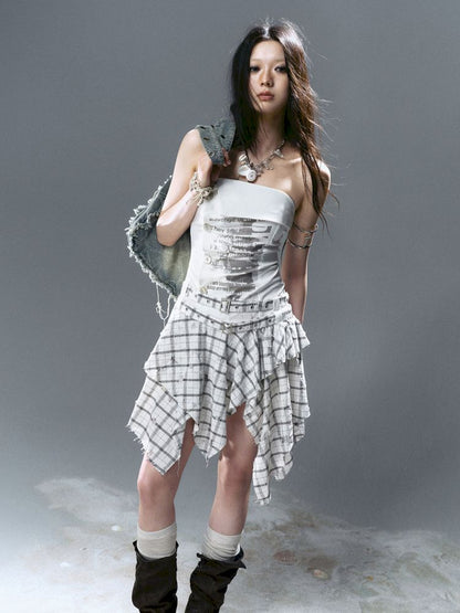 Asymmetrical patchwork plaid strapless dress【s0000012808】