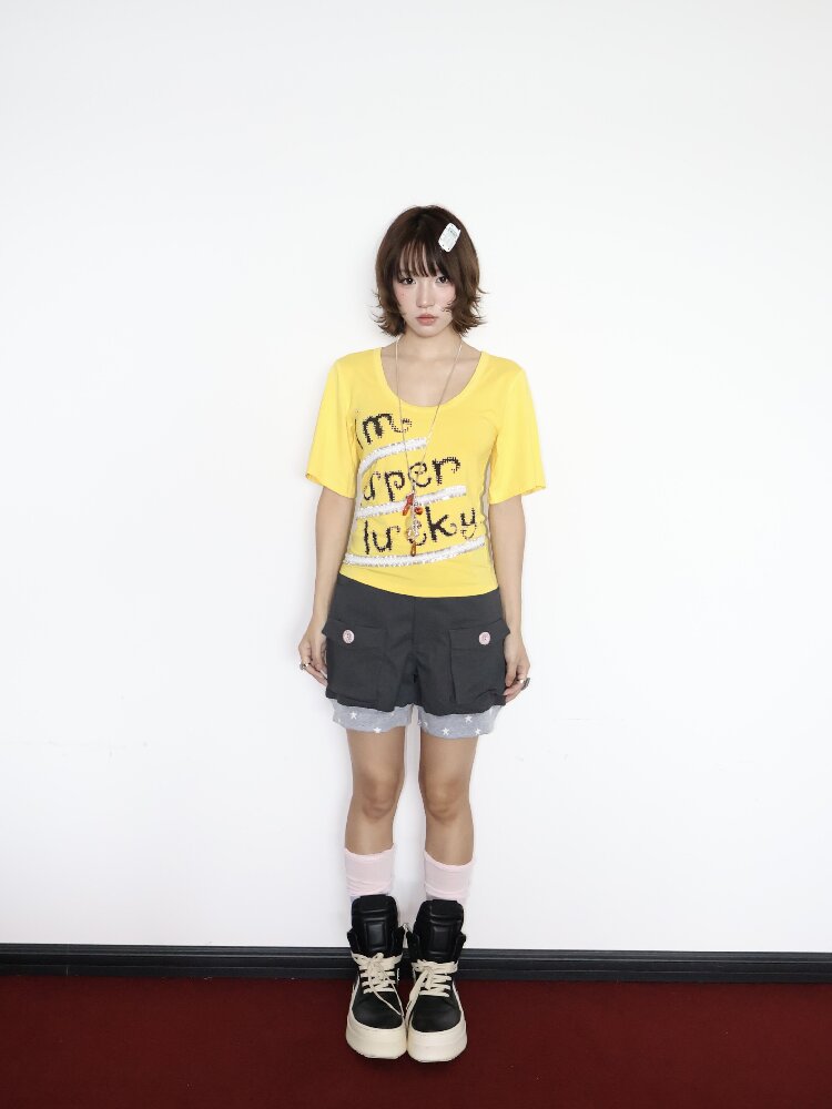 Lucky Slogan Lace Print U-Neck Top【s0000018686】