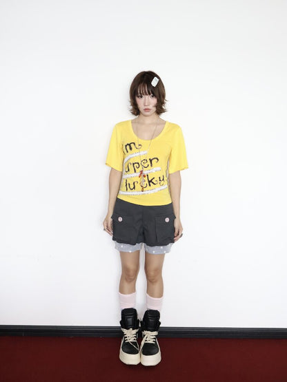 Lucky Slogan Lace Print U-Neck Top【s0000018686】