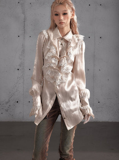 Ruffled Lace Satin Silk Shirt【s0000019157】