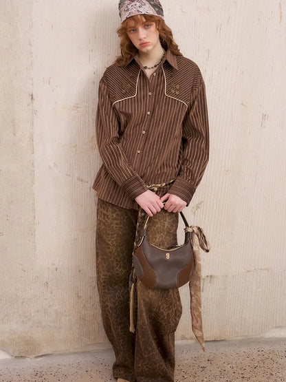 Velvet Beaded Contrast-Striped Vintage Shirt【s0000014079】