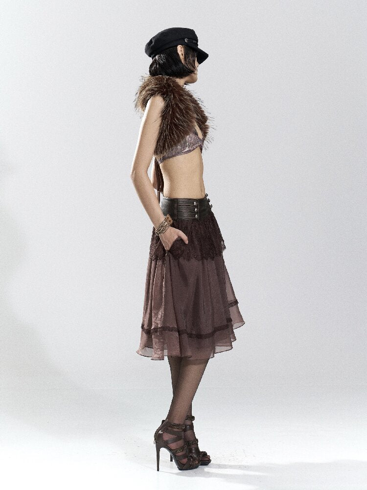 Vintage PU Leather Mesh Umbrella Skirt【s0000018474】