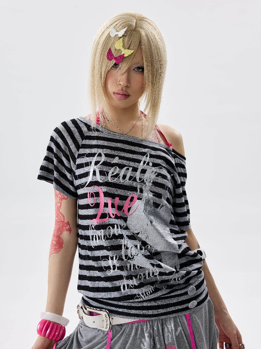 Single Shoulder Striped Halter T Shirt【s0000017640】