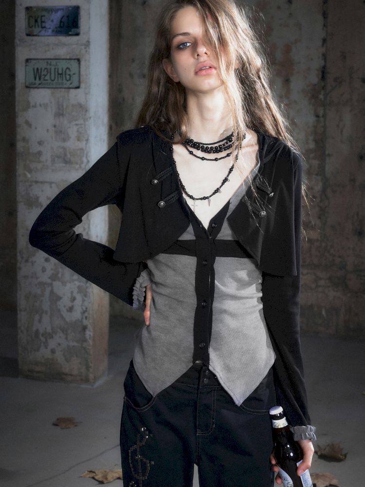 Hooded False Two Black Gray Knit Cardigan【s0000013890】