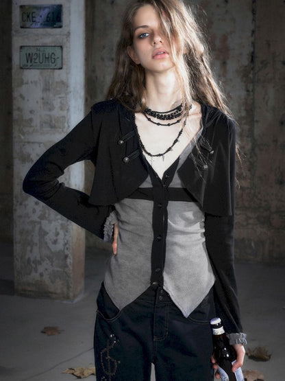 Hooded False Two Black Gray Knit Cardigan【s0000013890】