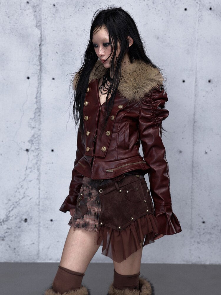 Plaid Stitching Leather Skirt【s0000015546】