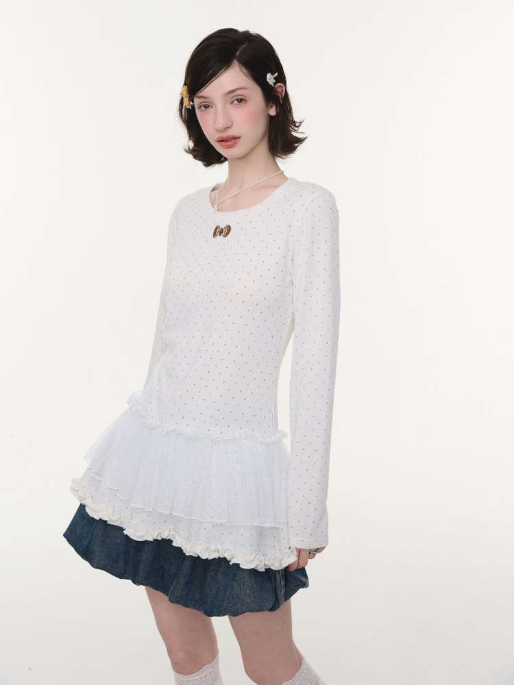 Lace Pleated Polka Dot Top【s0000015429】