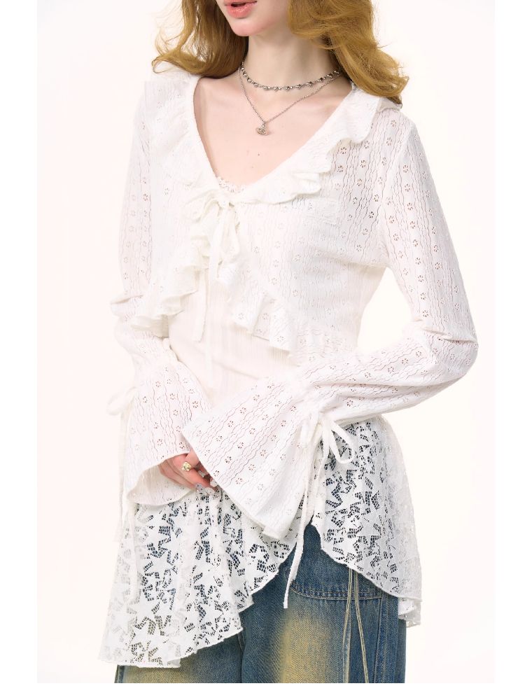 Lace Hollow Tie Knit Cardigan【s0000012228】