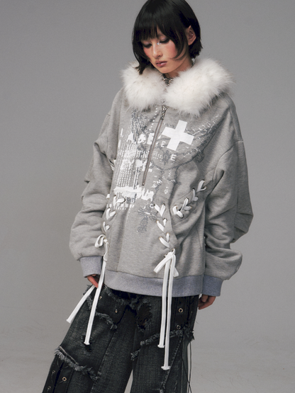 Tie-Front Printed Half-Zip Hoodie【s0000014452】