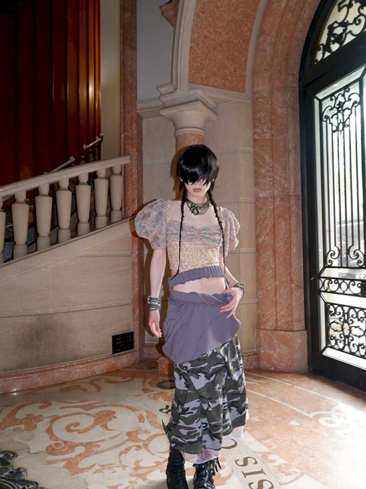 Patchwork Sheer Bud Strap Court Top【s0000015145】