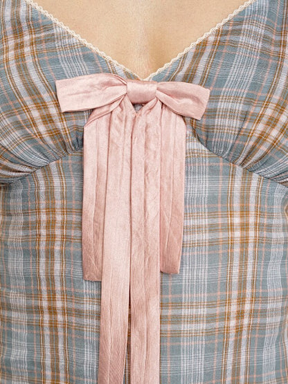 Vintage Plaid Bow Strap Top Dress【s0000017424】