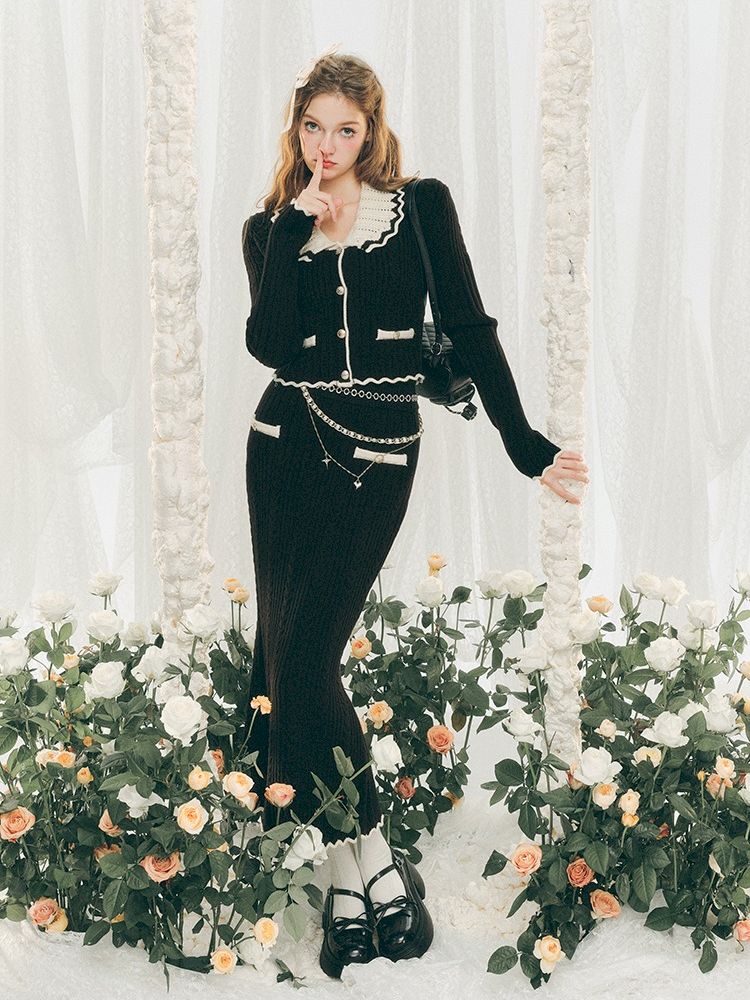 Knit Cardigan Wrap Hip Skirt Two Piece Chambray Set【s0000005286】