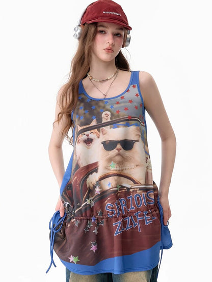 American Cat Print Vintage Tank Dress【s0000017676】