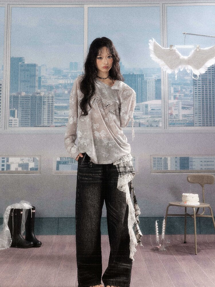 Plaid Ruffled Wide Leg Jeans【s0000016268】