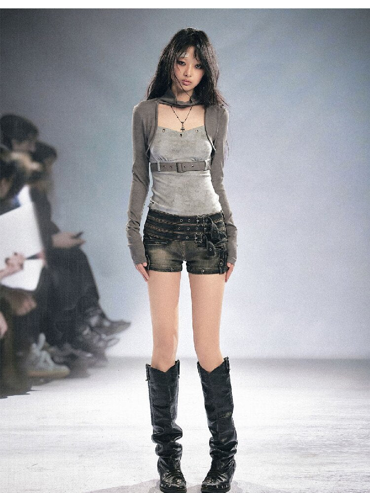 Distressed Metal Buckle Denim Shorts【s0000016285】