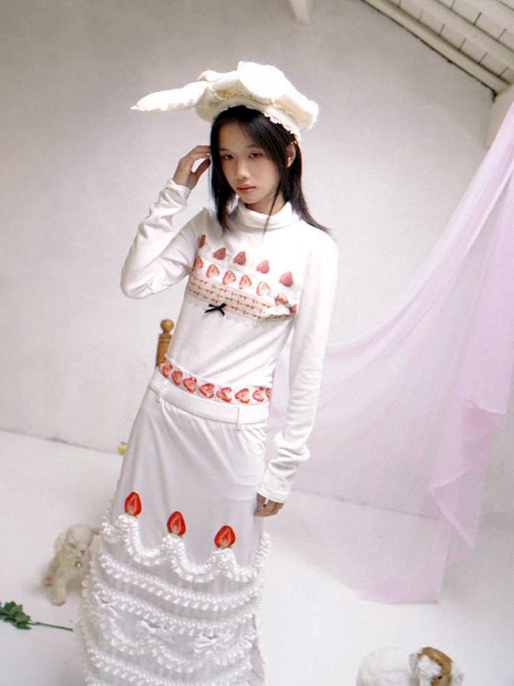 Cream Strawberry Cake Print Pencil Skirt【s0000014531】