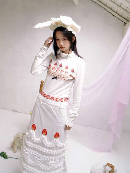 Cream Strawberry Cake Print Pencil Skirt【s0000014531】