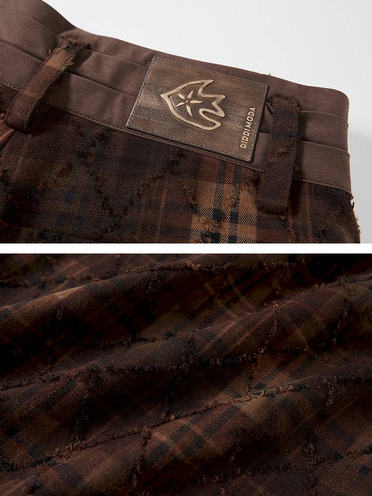 Textured straight leg loose plaid trousers【s0000014384】